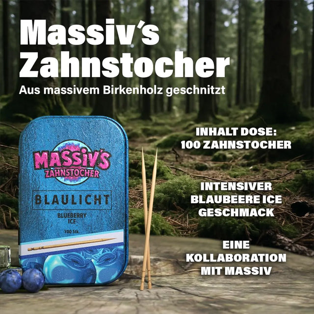 Massiv's Blaulicht Zahnstocher mit Geschmack Blueberry Ice in Metalldose von Wunder Zahnstocher