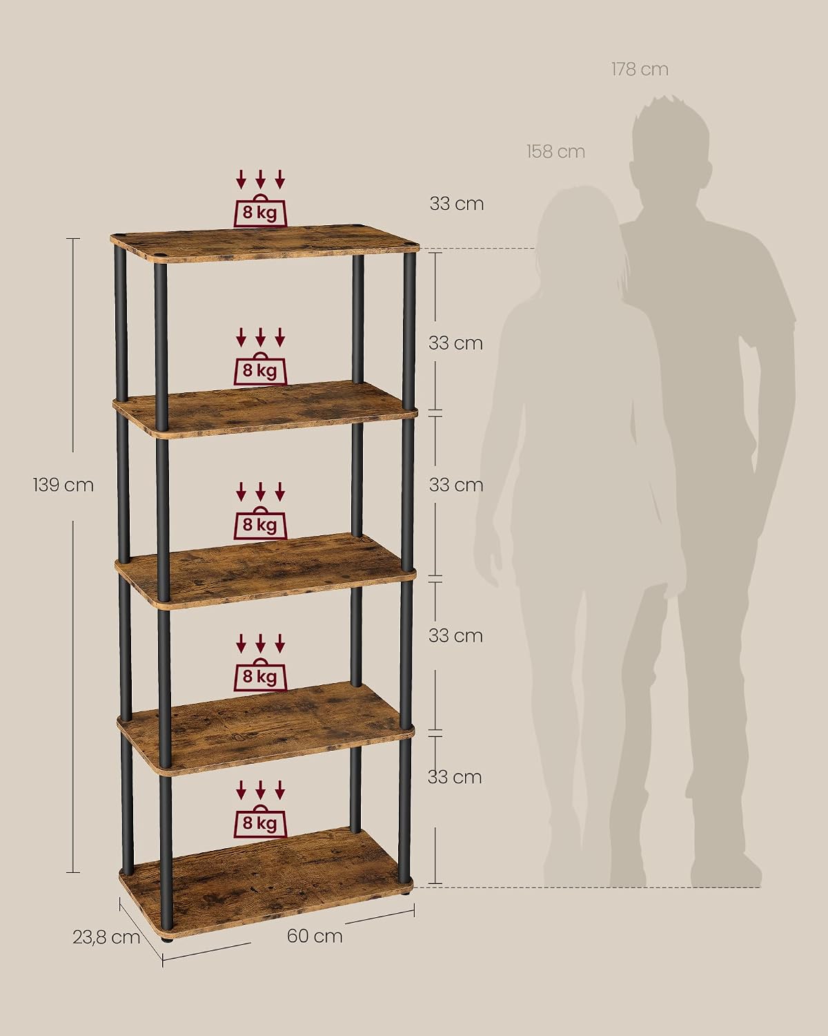 Bücherregal 5 Ebenen Standregal 60x23,8x139 cm Braun von Songmics