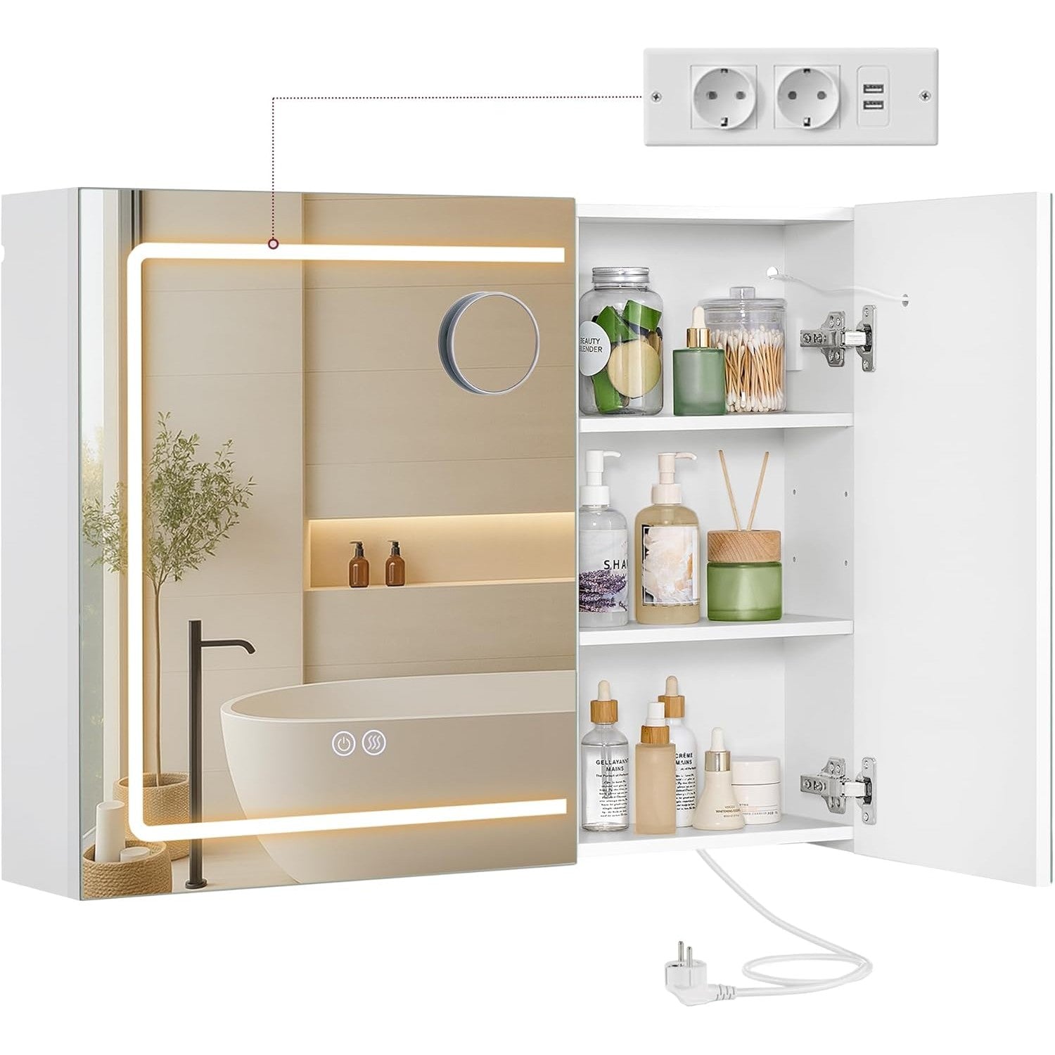 Spiegelschrank mit Beleuchtung und Steckdose 80 cm weiß von Songmics