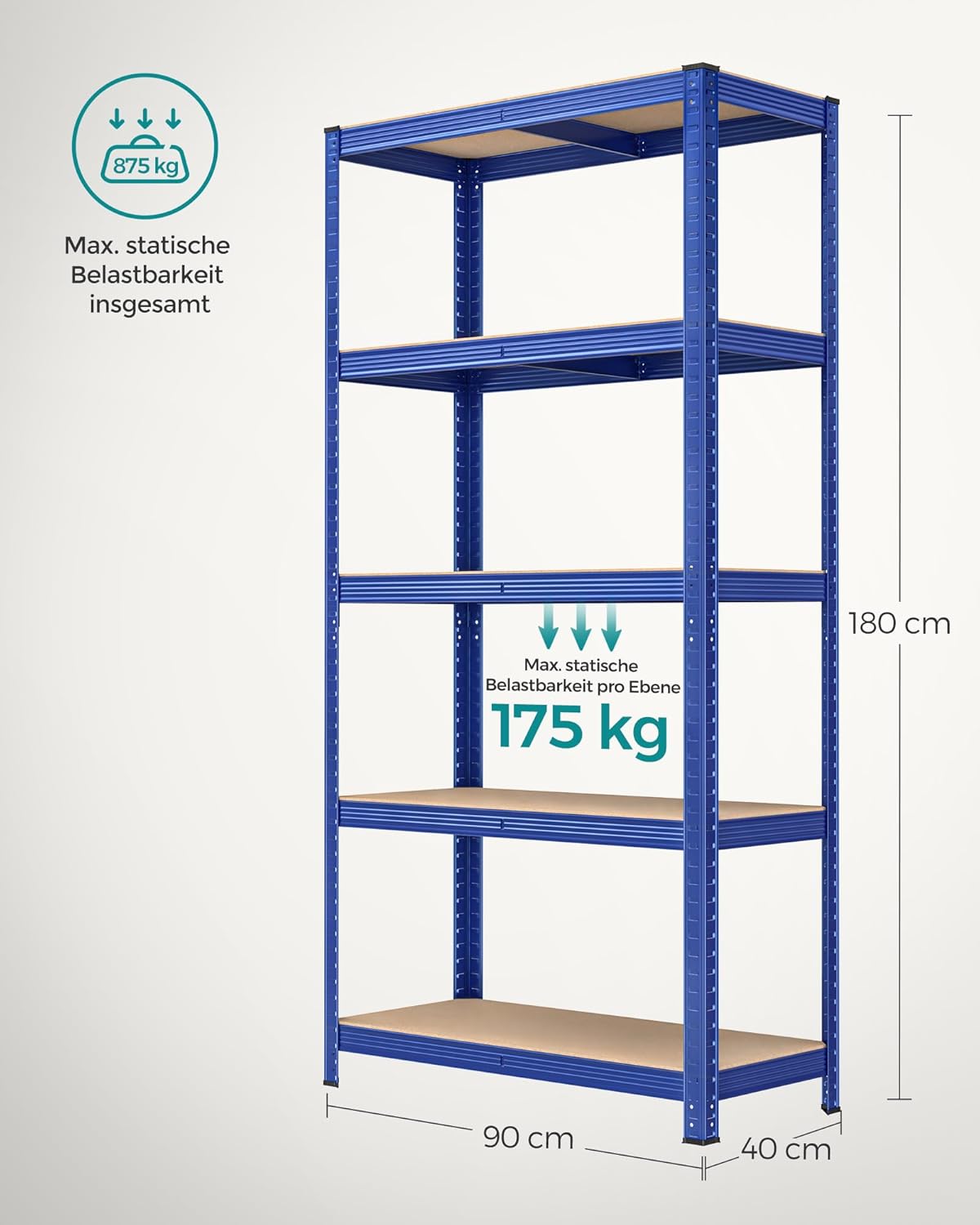 Schwerlastregal 5 Böden 40x90x180 cm 875 kg blau 2er Set von Songmics