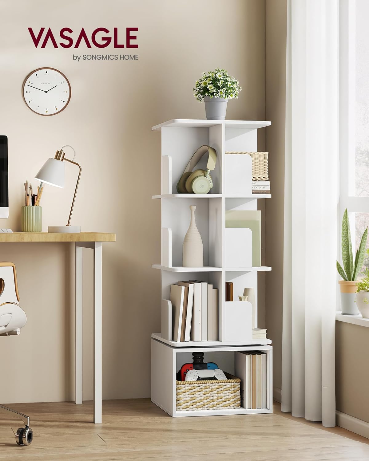 Drehbares Bücherregal 4 Ebenen 40x40x125 cm Weiß von Songmics