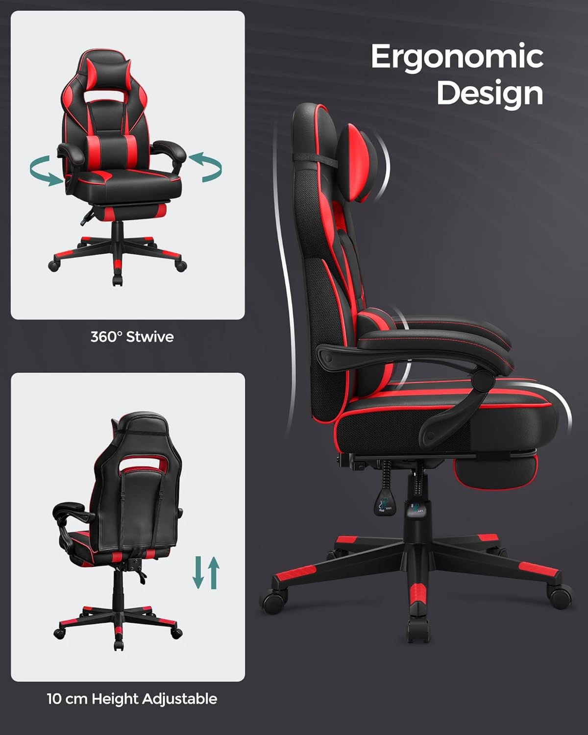 Gaming Stuhl mit Fußstütze und Kopfstütze ergonomisch von Songmics