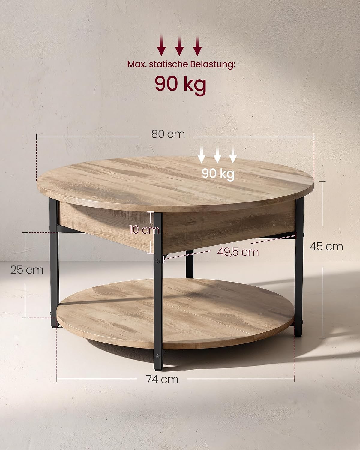Couchtisch 80 cm rund Hebeplatte Ablage Kamelbraun von Songmics