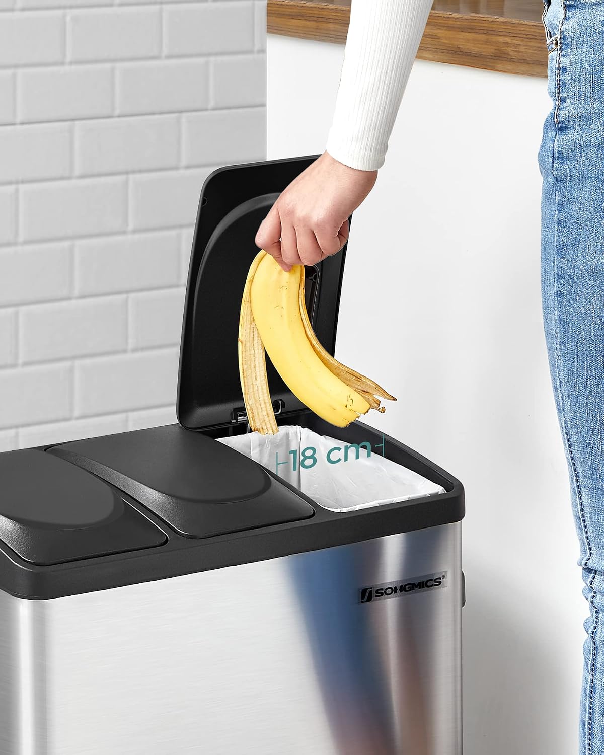 Treteimer 54 l 3 Fächer Mülltrenner Edelstahl Silber Schwarz von Songmics