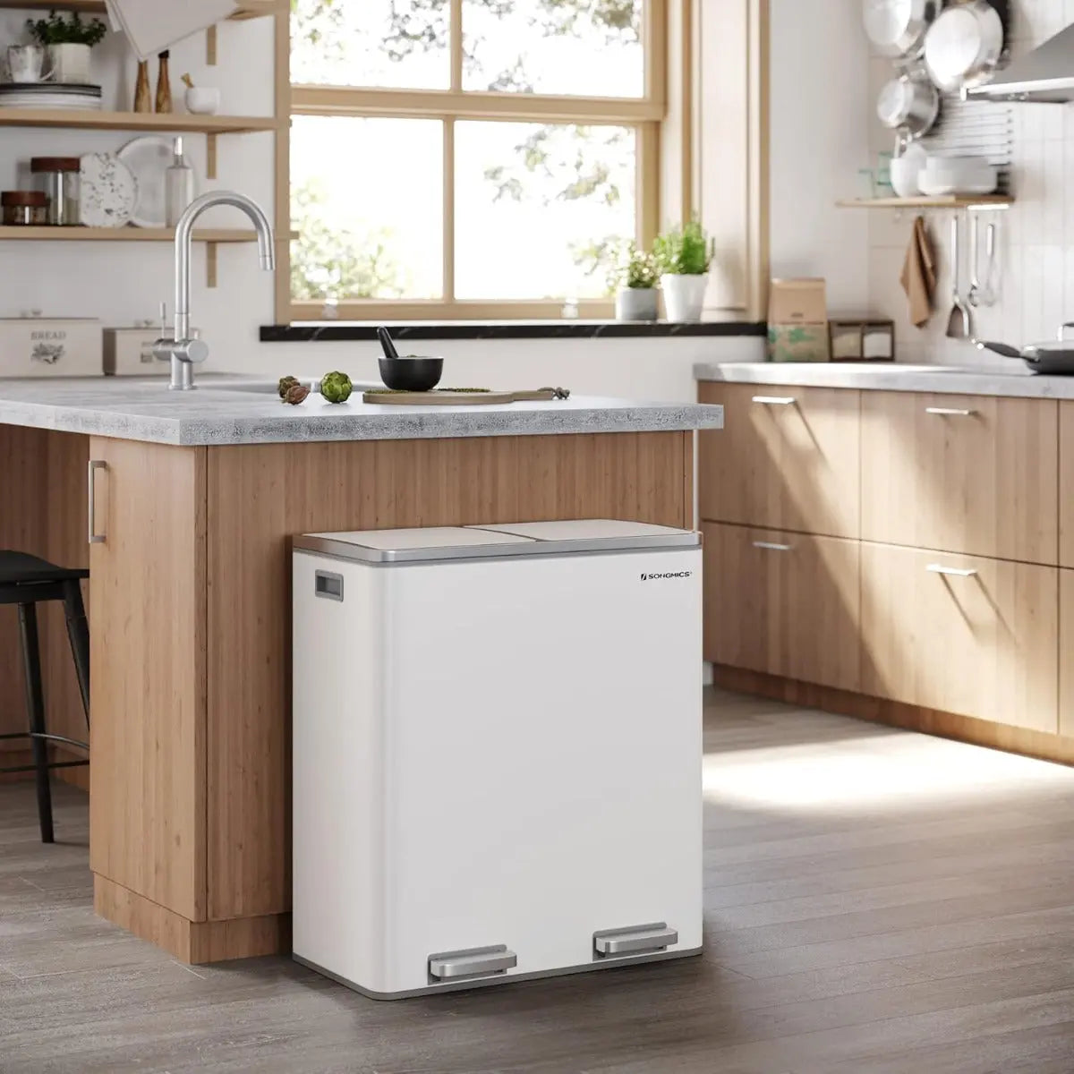 Treteimer 60L Mülltrennung Weiss Stahl von Songmics