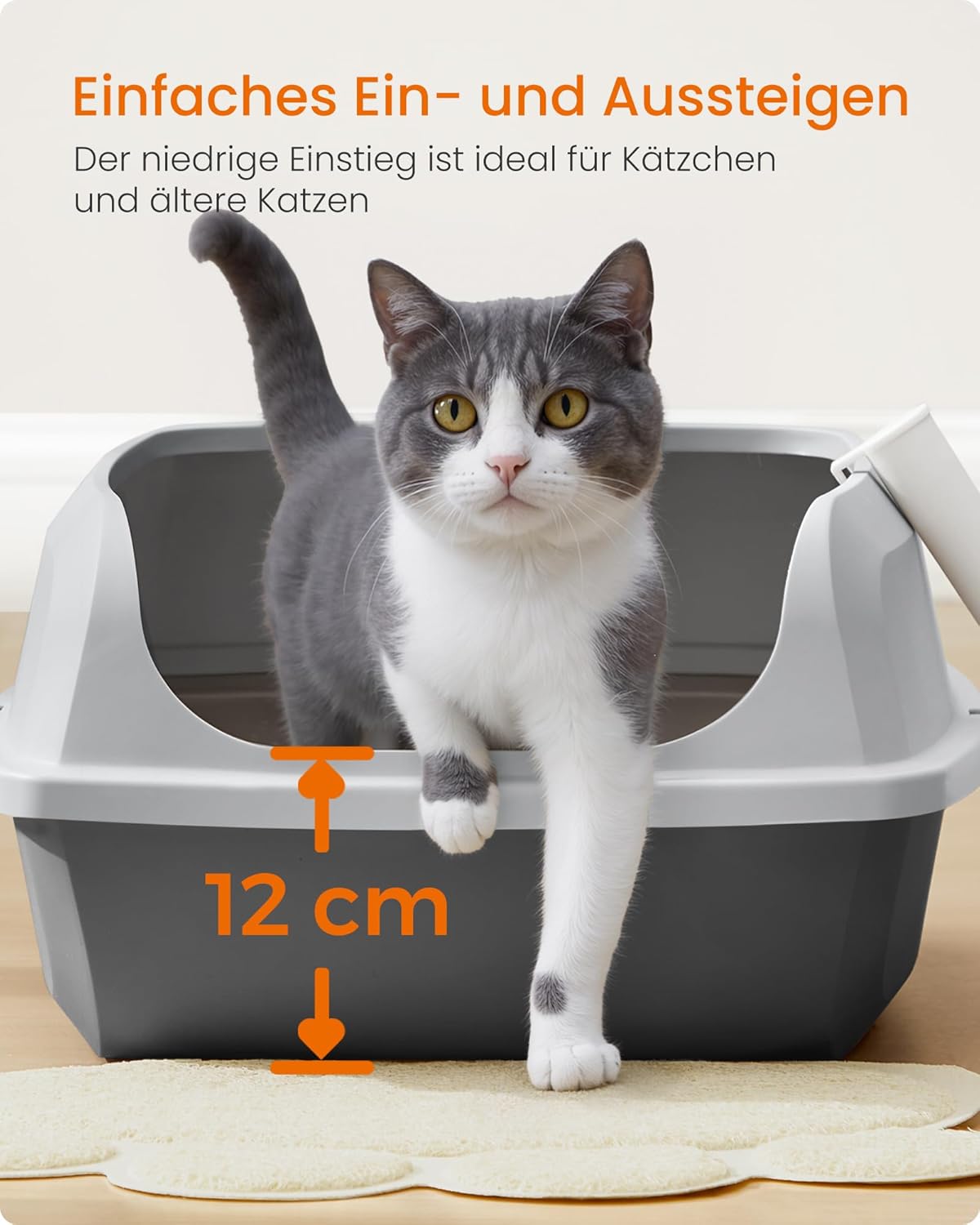 Katzentoilette XL offen hohe Seitenwände mit Schaufel grau von Songmics