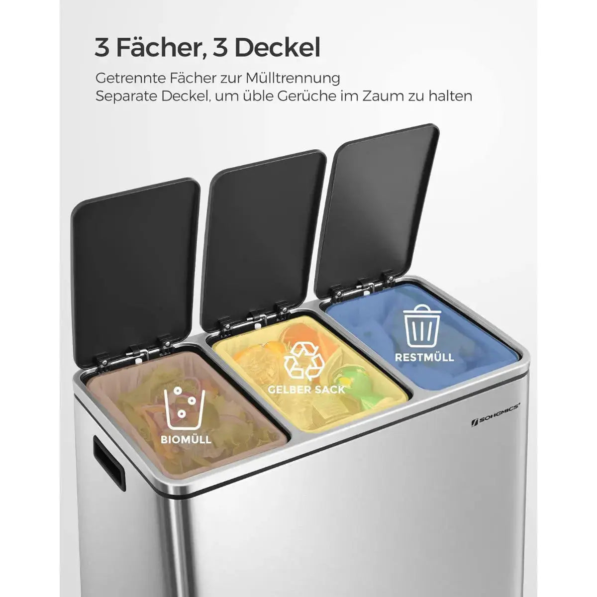 Mülleimer Küche Mülltrennsystem 3 Fächer Silber von Songmics