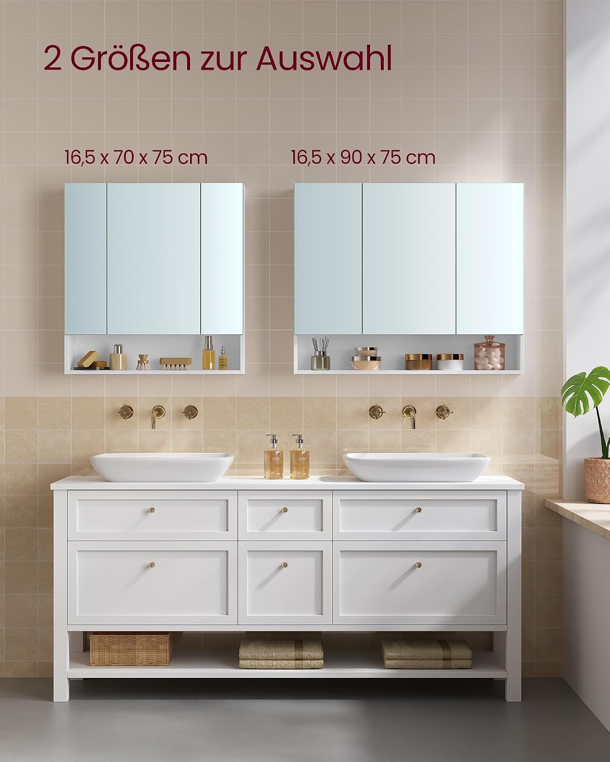 Spiegelschrank 90 cm 3 Türen wandmontiert Wolkenweiss von Songmics