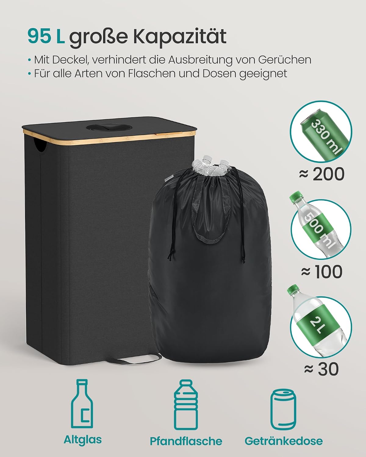 Recyclingbehälter 26,4 Gallonen Schwarz Bambus von Songmics
