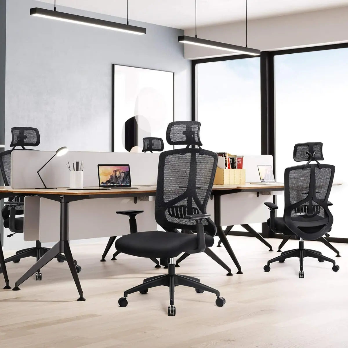 Bürostuhl Ergonomisch Verstellbar Lendenwirbelstütze Kopfstütze Schwarz von Songmics
