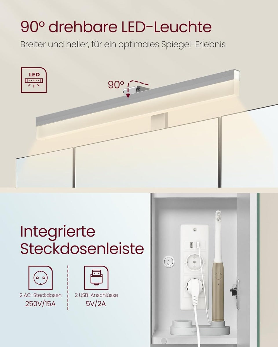 Spiegelschrank 3-türig Steckdose weiss Holz von Songmics