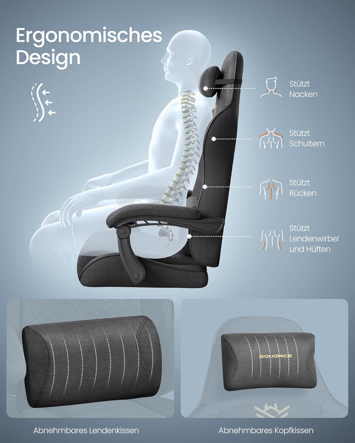 Gaming Stuhl ergonomisch mit Fußstütze und Federkissen von Songmics