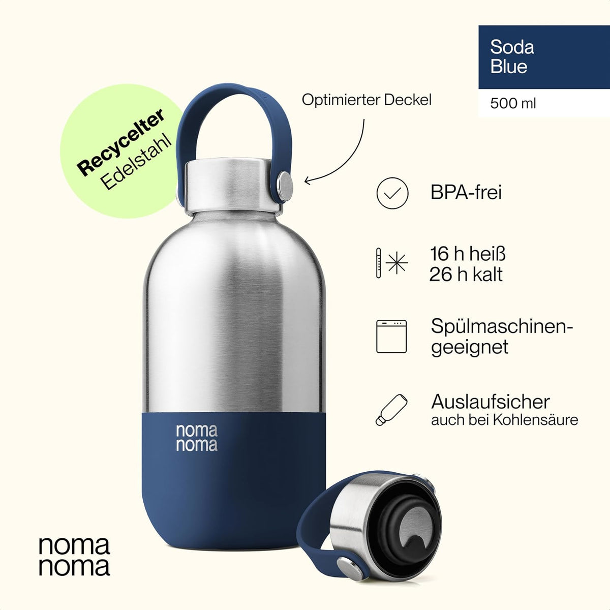 Trinkflasche Edelstahl auslaufsicher 500ml Soda Blue von noma noma