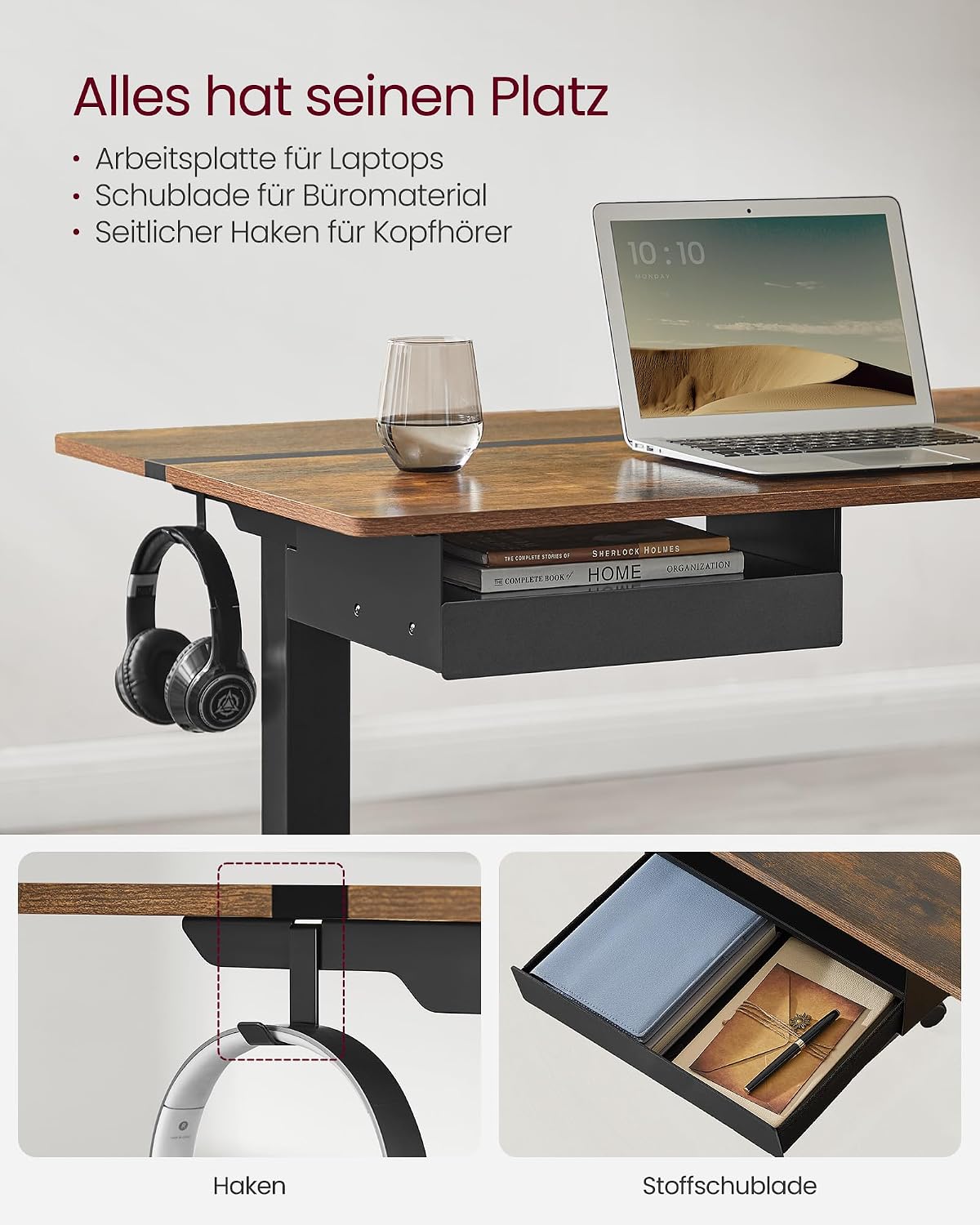 Schreibtisch elektrisch höhenverstellbar 140x60 cm Braun von Songmics