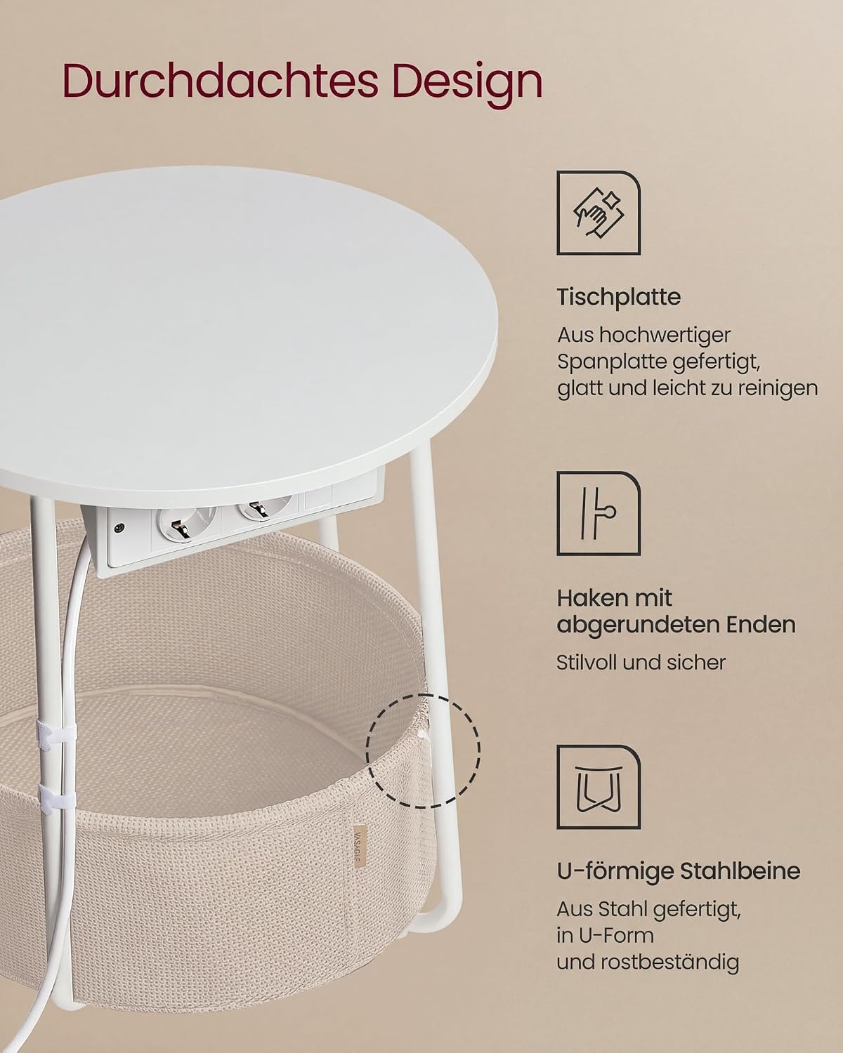 Beistelltisch rund 45x45x50 cm mit Stoffkorb Weiss von Songmics