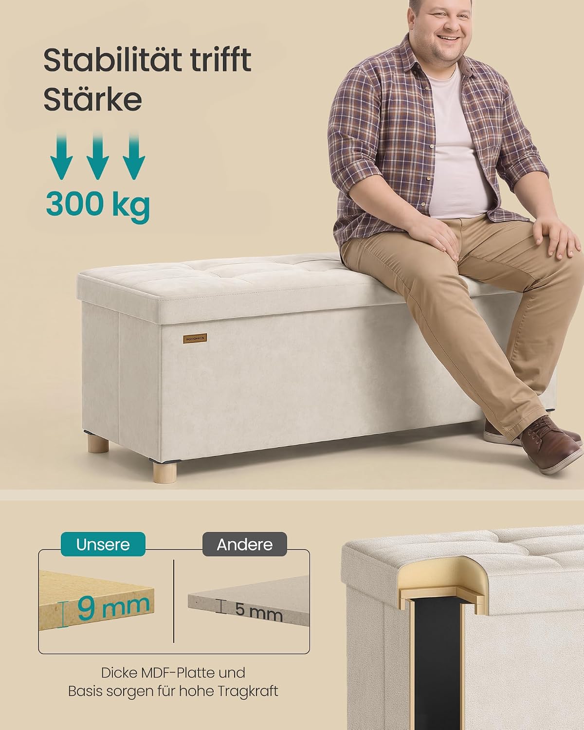 Sitzbank Aufbewahrungsbank 110x38x40 cm Samt Beige von Songmics
