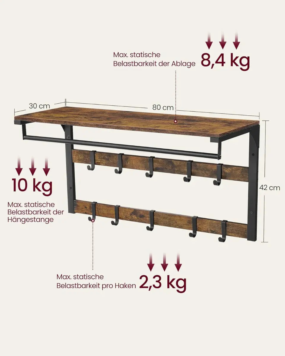 Wandgarderobe mit Ablage 80cm Vintagebraun-Schwarz von Songmics