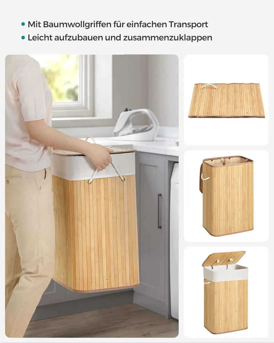 Wäschekorb Wäschesammler mit Deckel Bambus 72l von Songmics