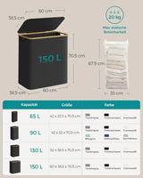 Wäschekorb Wäschesammler 3 Fächer Bambus 150l Schwarz von Songmics