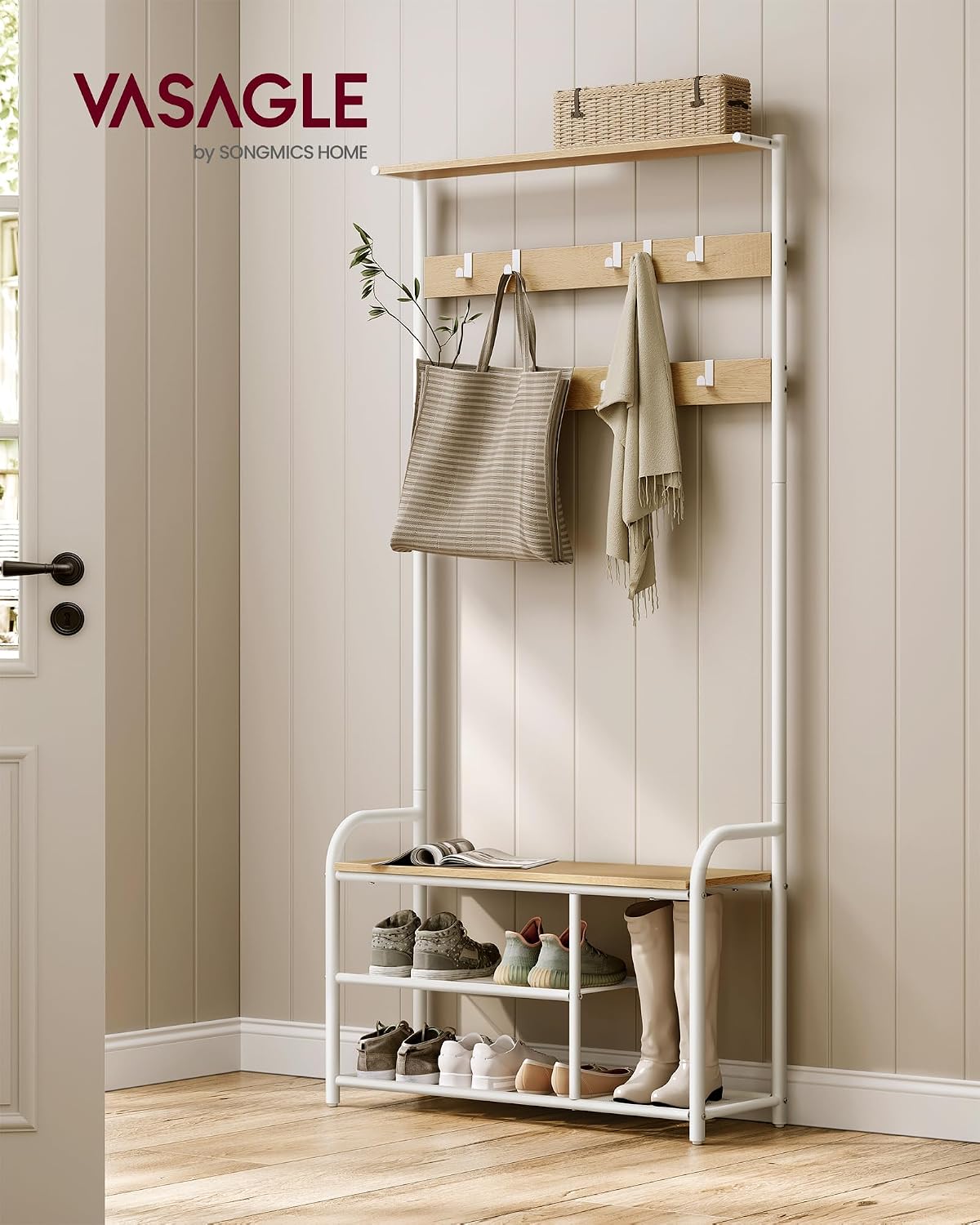 Garderobe Schuhregal Sitzbank 85x30x180 cm Eiche Weiss von Songmics