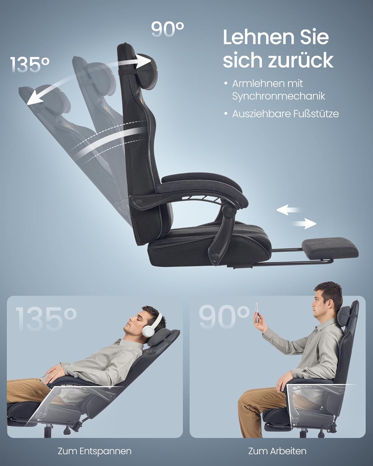 Gaming Stuhl ergonomisch mit Fußstütze und Federkissen von Songmics