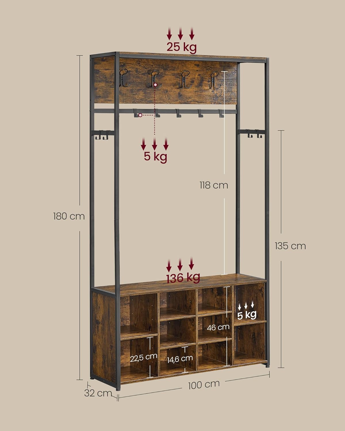 Garderobe mit Sitzbank Schuhablagen 100x32x180 cm Braun von Songmics