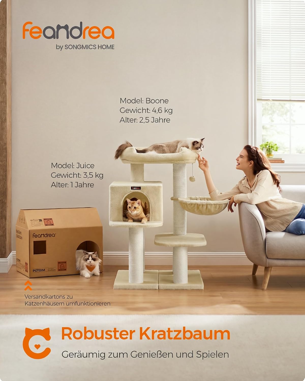 Kratzbaum XXL 112 cm Katzenbaum für grosse Katzen Beige von Songmics
