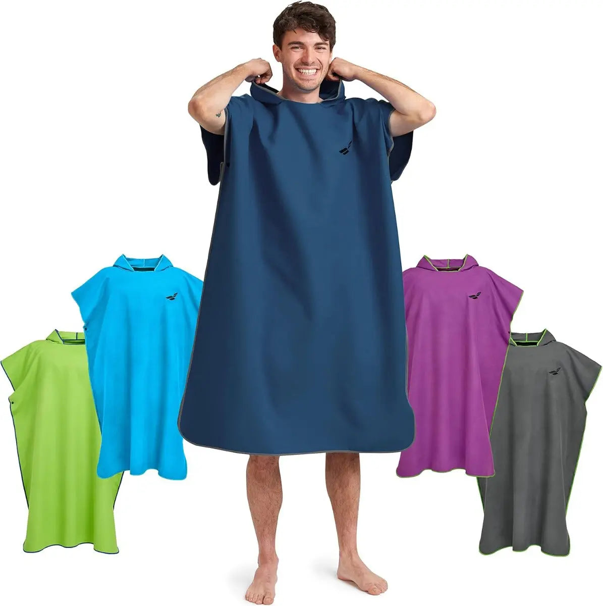 Badeponcho Mikrofaser Unisex schnelltrocknend mit Kapuze L Marineblau-Grau von guteszeug.ch