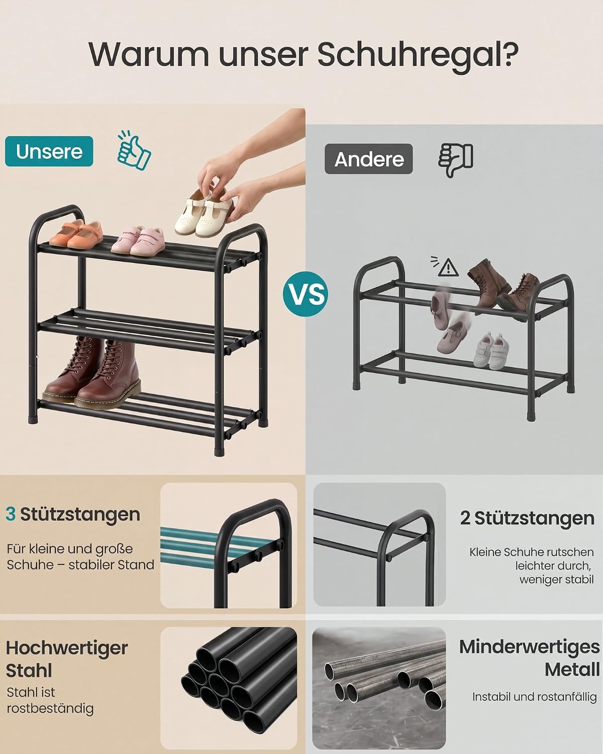 Schuhregal 3 Ebenen ausziehbar 44,5-82,4 cm Schwarz von Songmics