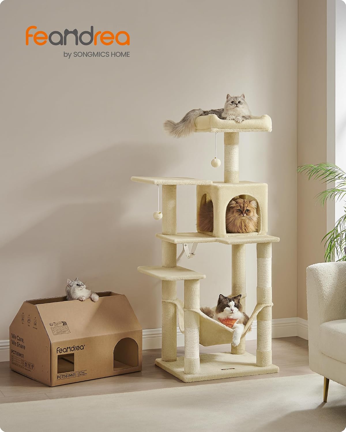 Kratzbaum 143 cm Katzenbaum Beige für Mehrkatzen von Songmics
