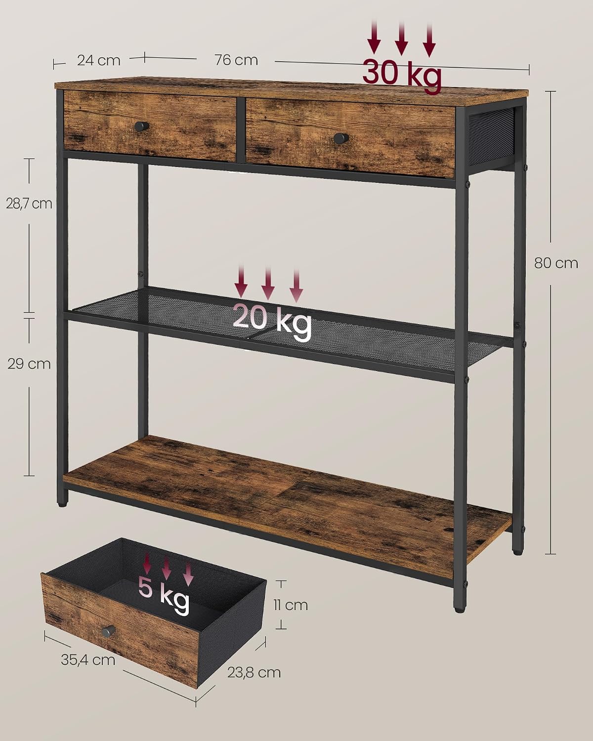 Konsolentisch 76x24x80 cm 2 Schubladen 2 Ablagen Braun von Songmics