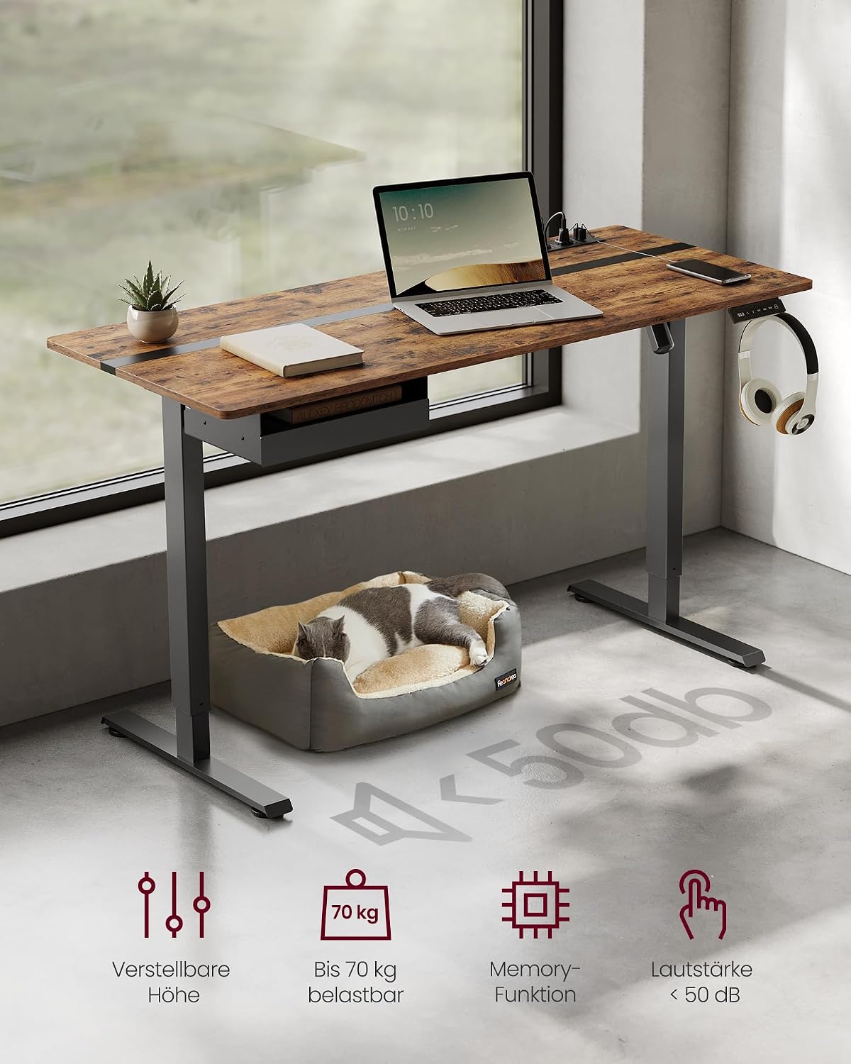 Schreibtisch elektrisch höhenverstellbar 140x60 cm Braun von Songmics