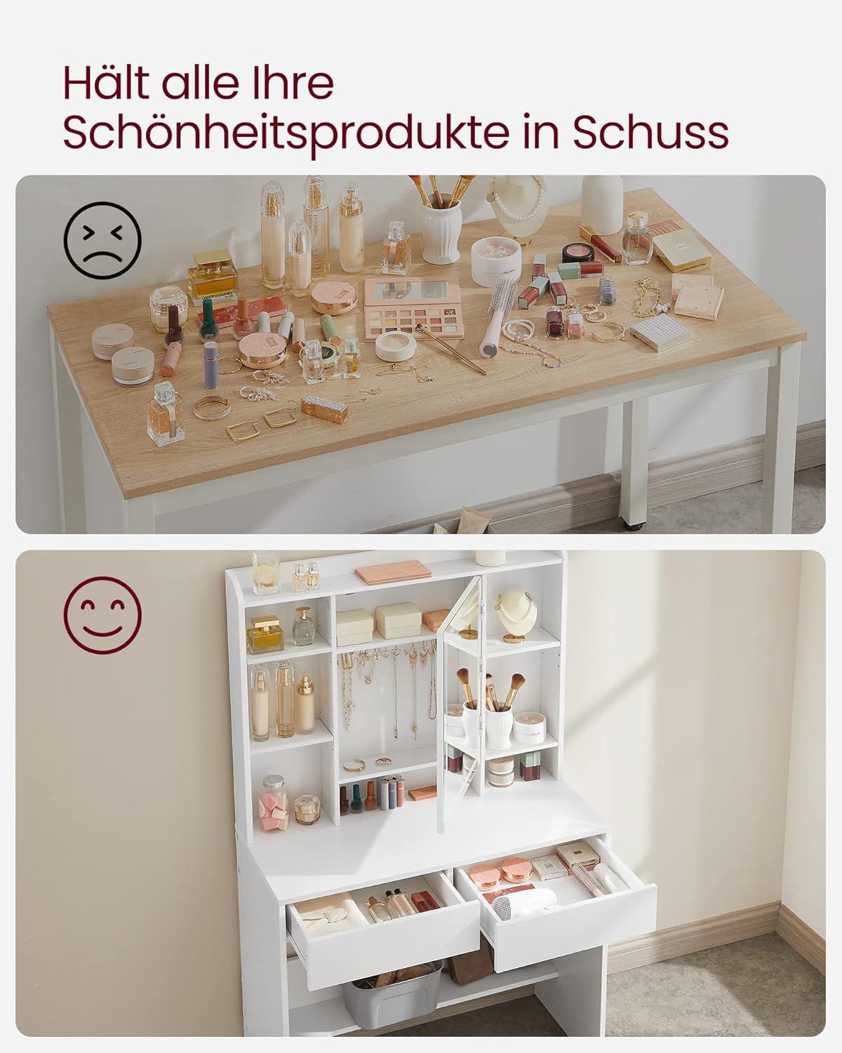 Schminktisch mit LED Spiegel 2 Schubladen verstellbar weiß von Songmics