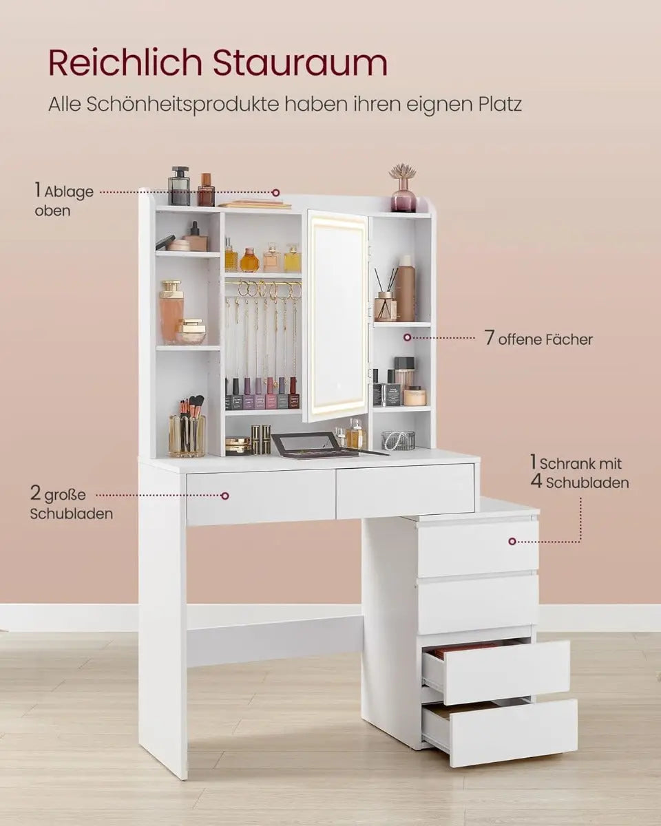 Schminktisch mit Hocker LED Beleuchtung Spiegel Schubladen Weiss von Songmics