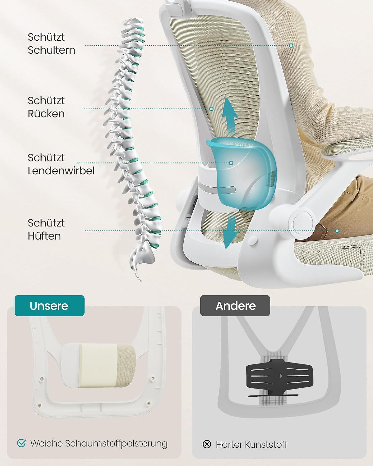 Ergonomischer Bürostuhl Kopfstütze Lendenstütze Beige von Songmics