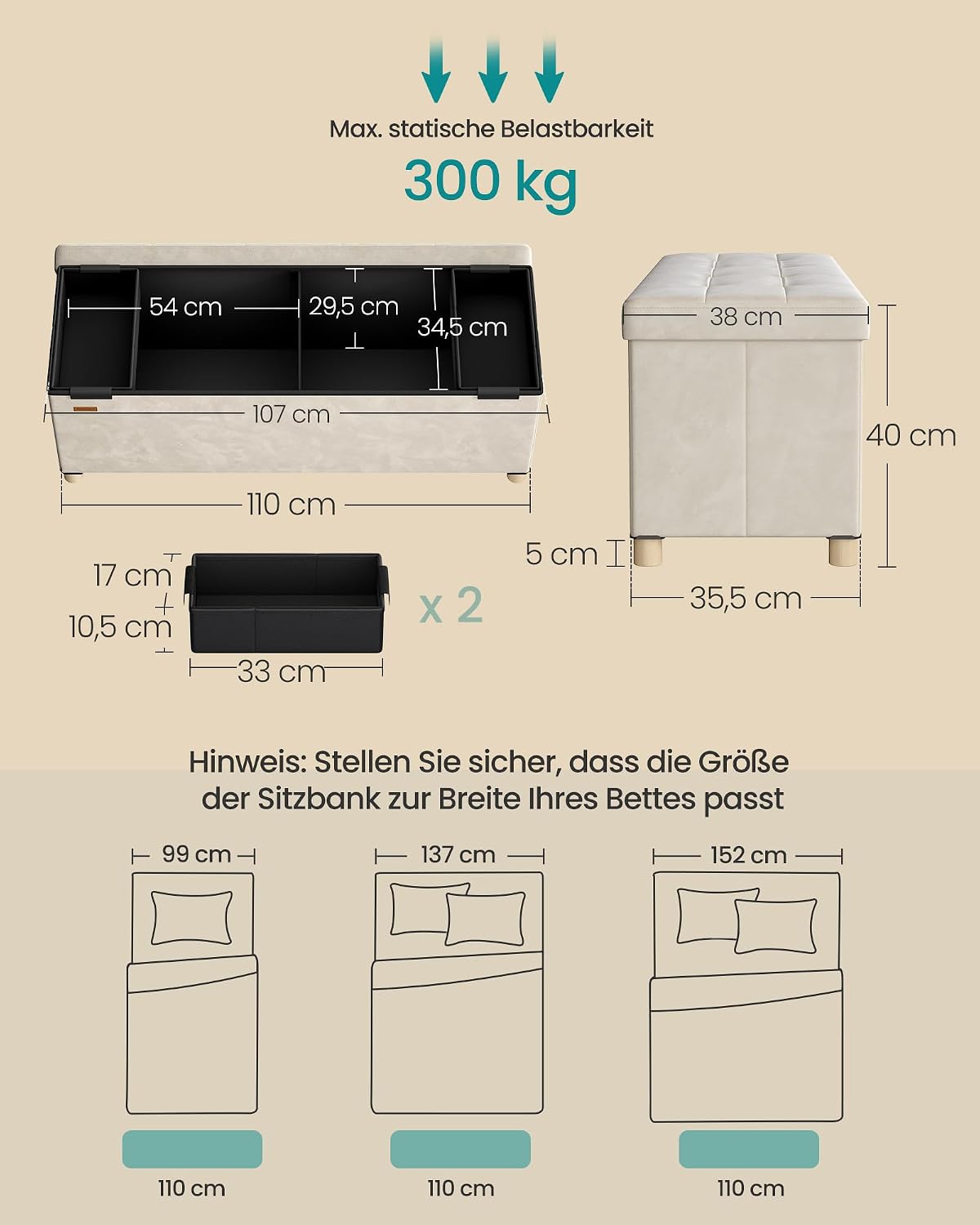 Sitzbank Aufbewahrungsbank 110x38x40 cm Samt Beige von Songmics