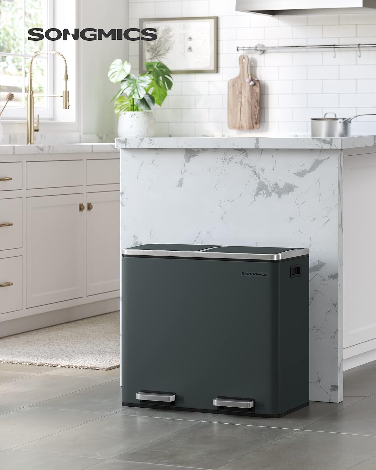 Abfalleimer 2 Fächer 48 l Edelstahl Silber 58,5x32x54,5 von Songmics