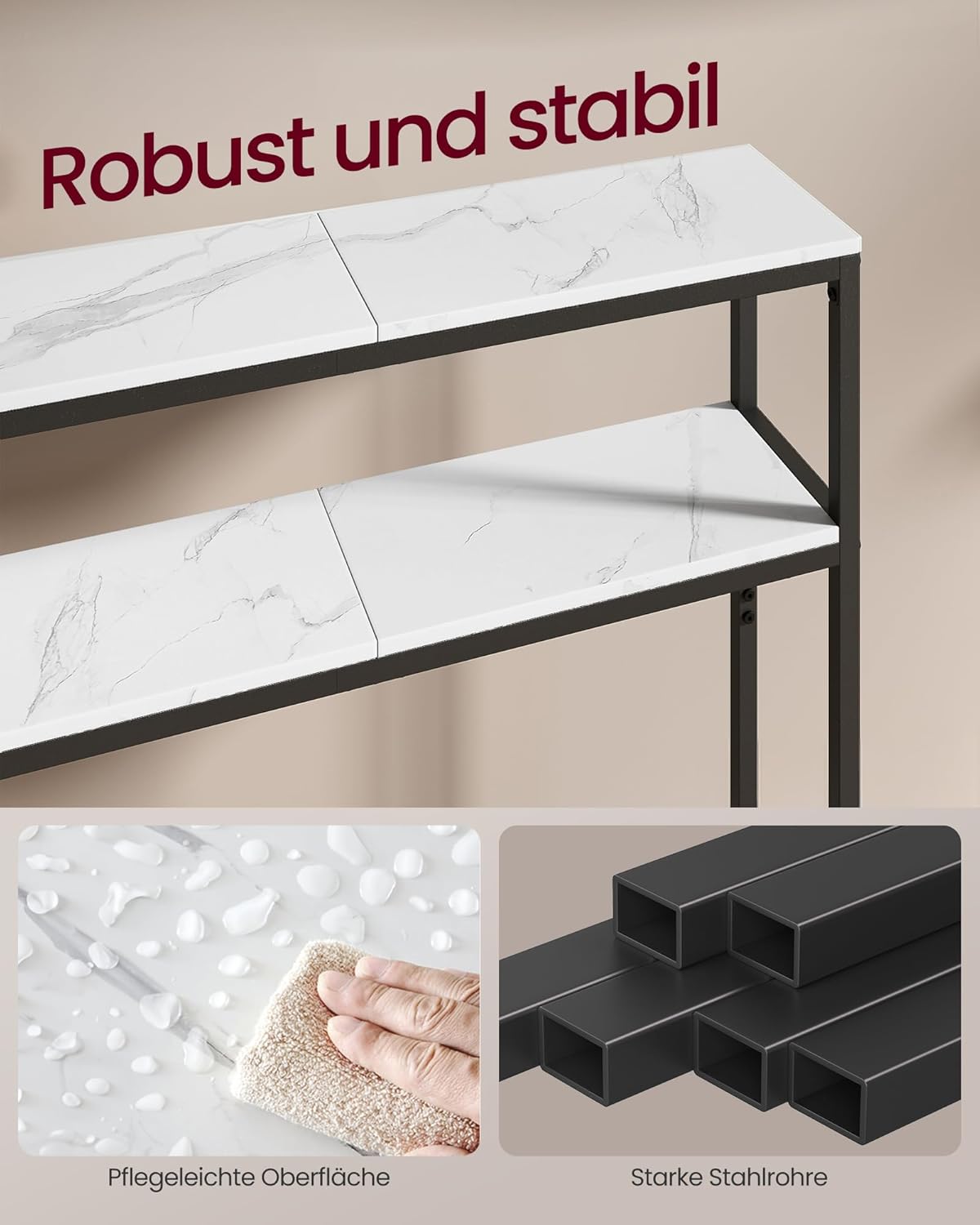 Konsolentisch schmal 2 Ablagen 80cm Marmor Weiß Schwarz von Songmics