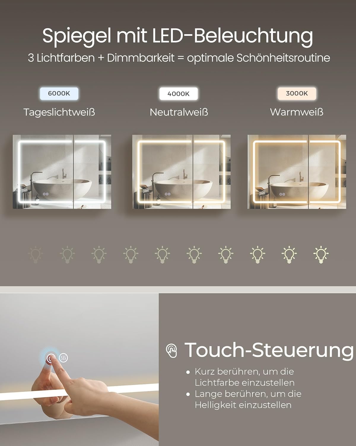 Spiegelschrank mit Beleuchtung und Steckdose 80 cm weiß von Songmics