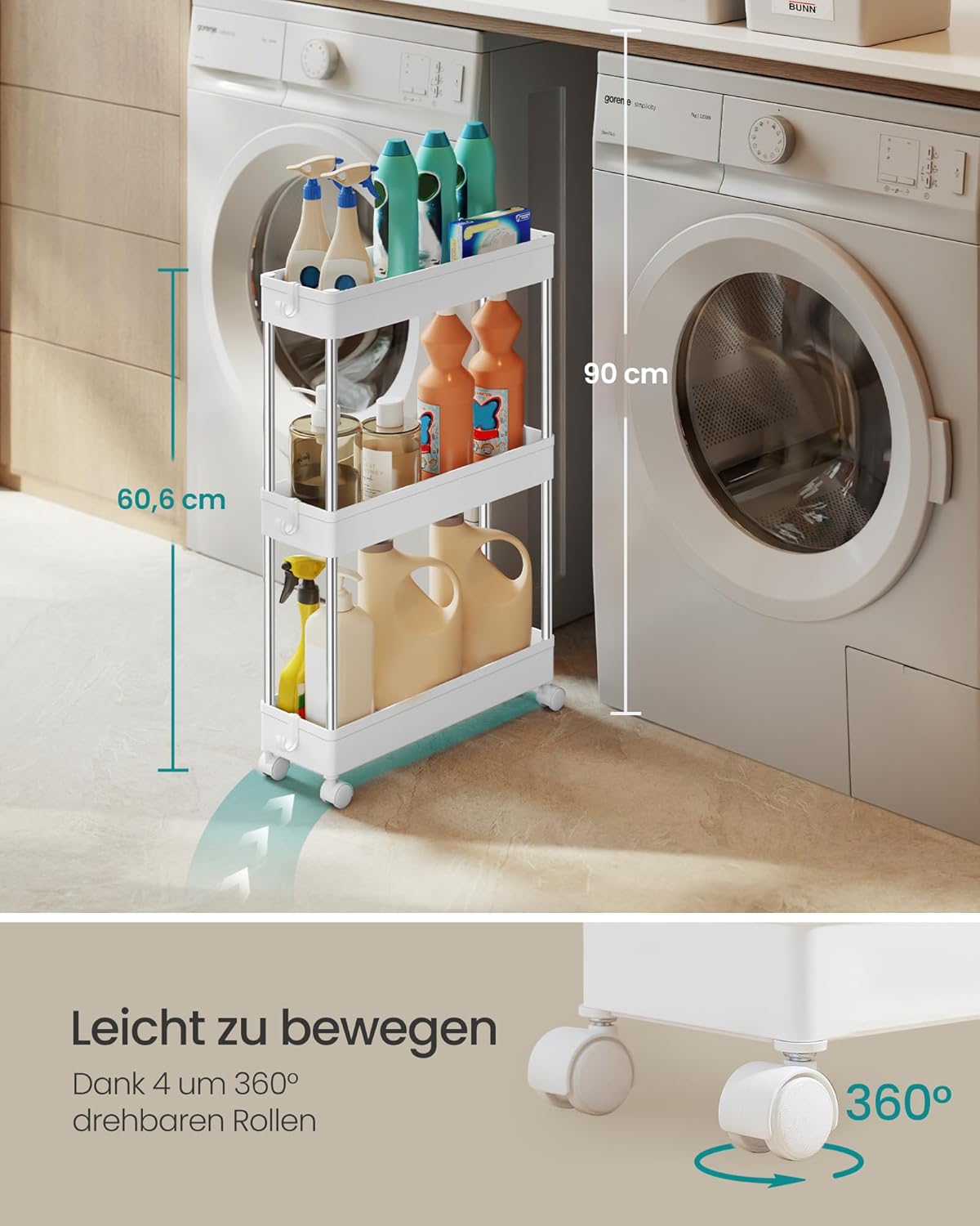 Rollwagen Küche Bad Büro 3 Ebenen weiß mit 6 Haken von Songmics