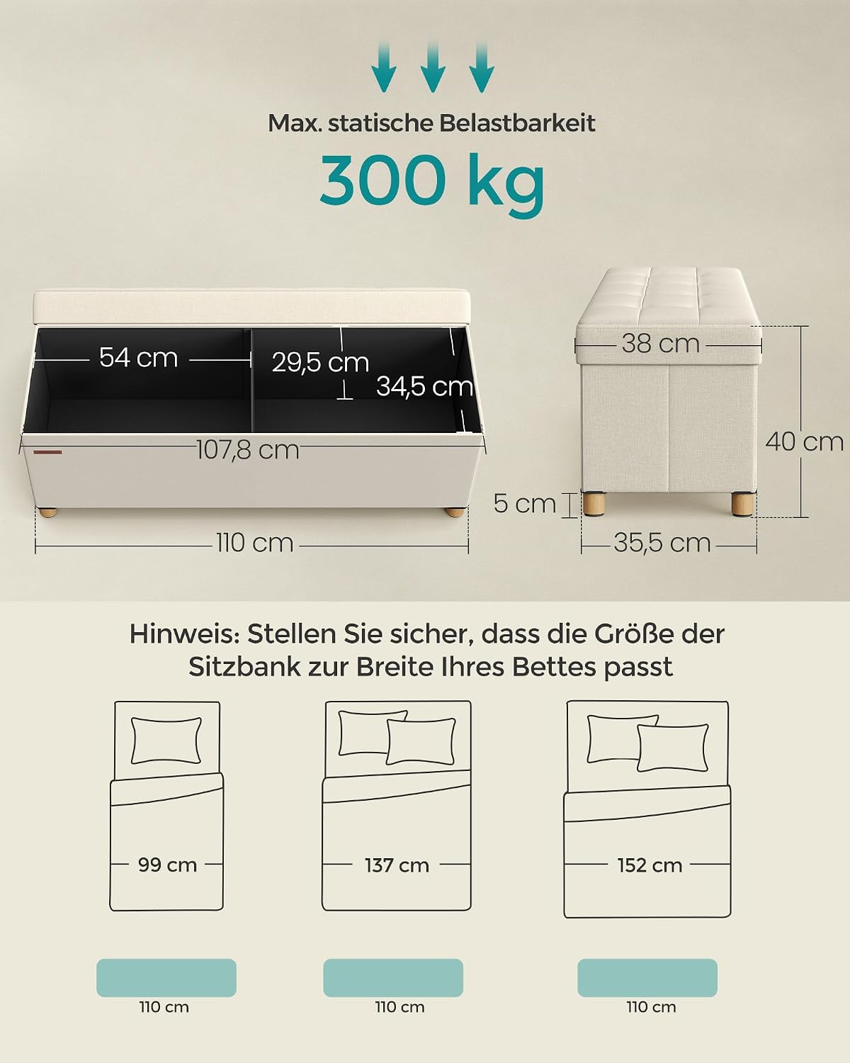 Sitzbank Aufbewahrungsbank 110x38x40 cm Cremeweiss von Songmics