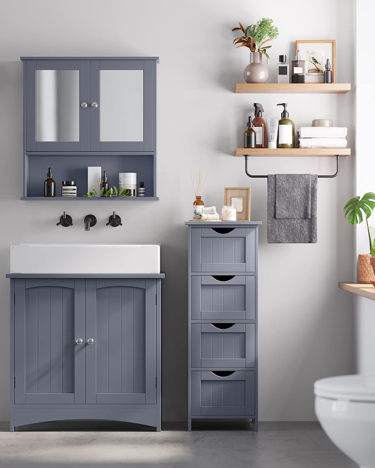 Badschrank mit 4 Schubladen 30x30x82 cm grau modern von Songmics
