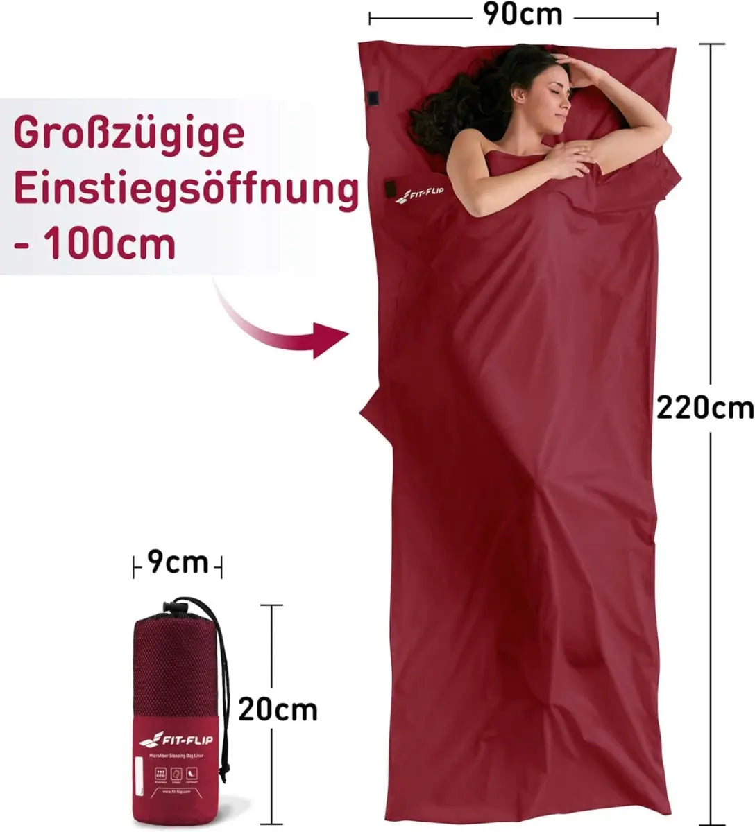 Hüttenschlafsack Mikrofaser ultraleicht mit Kissenfach 90x220cm Weinrot von guteszeug.ch