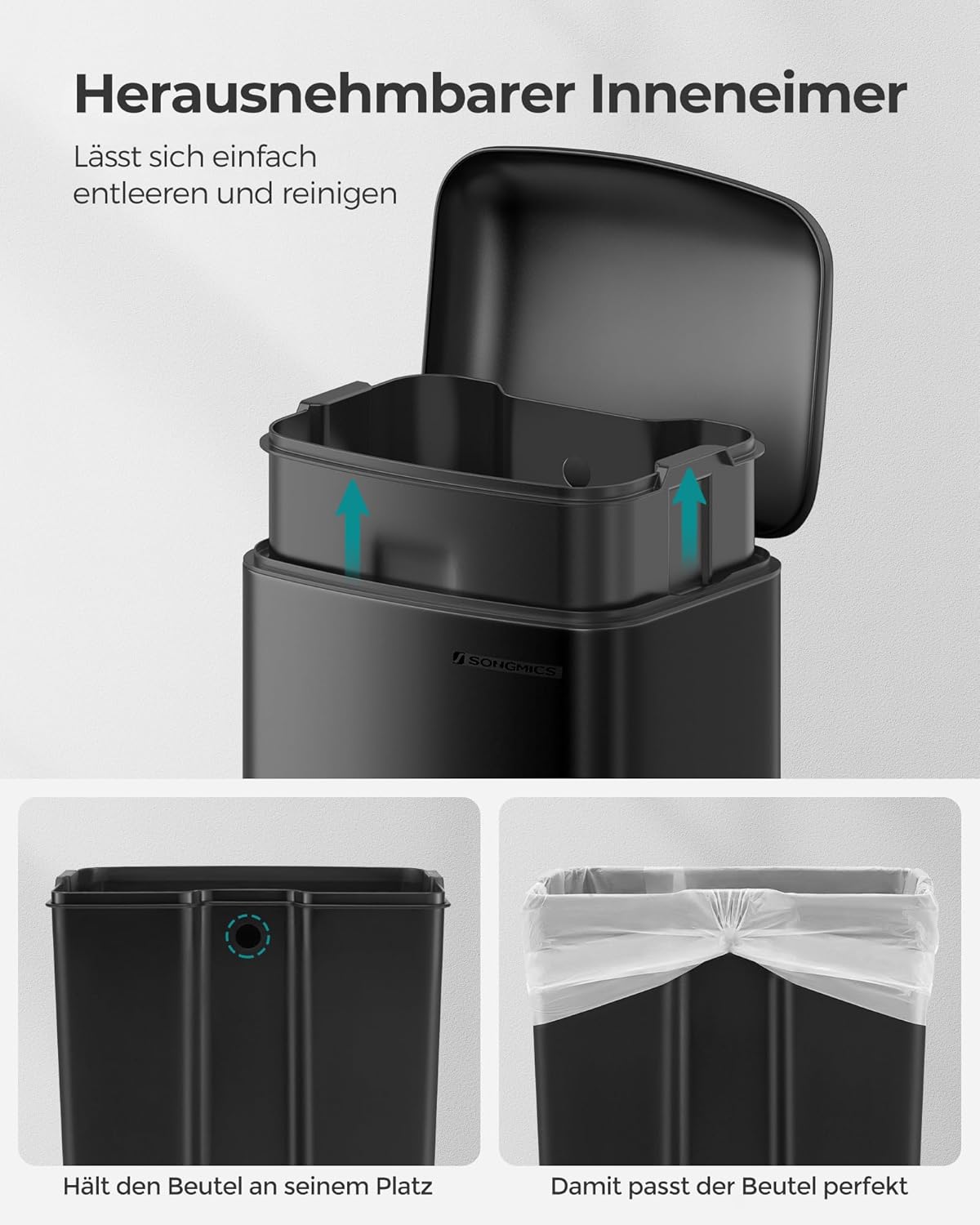 Mülleimer 30 Liter Pedal Soft Close Küche Schwarz Stahl von Songmics