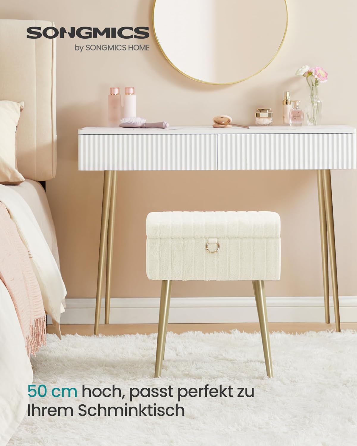 Gepolsterter Schminktisch Hocker mit Stauraum cremeweiß von guteszeug.ch