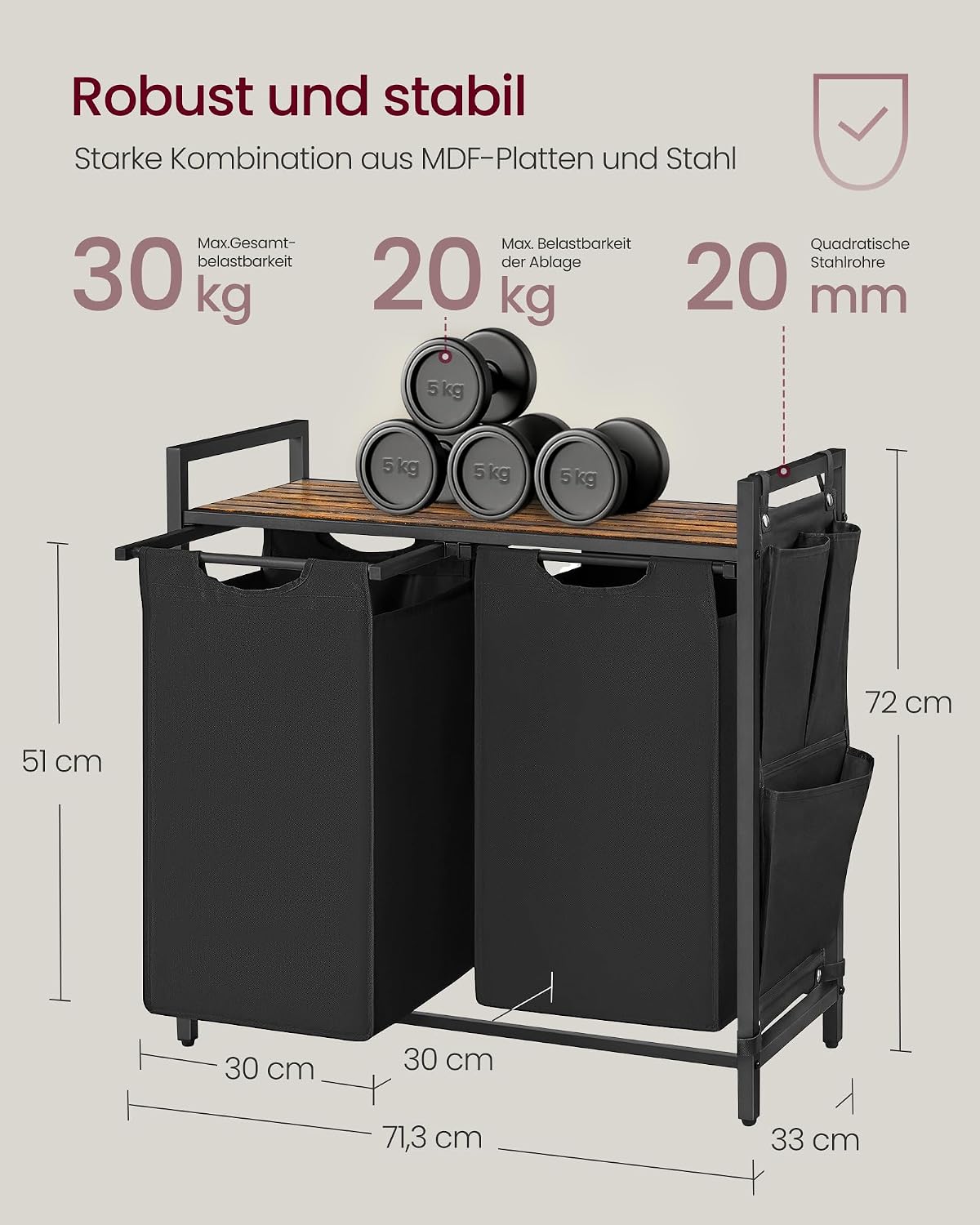 Wäschesortierer 2 Fächer 71x33x72 cm Schwarz Braun von Songmics