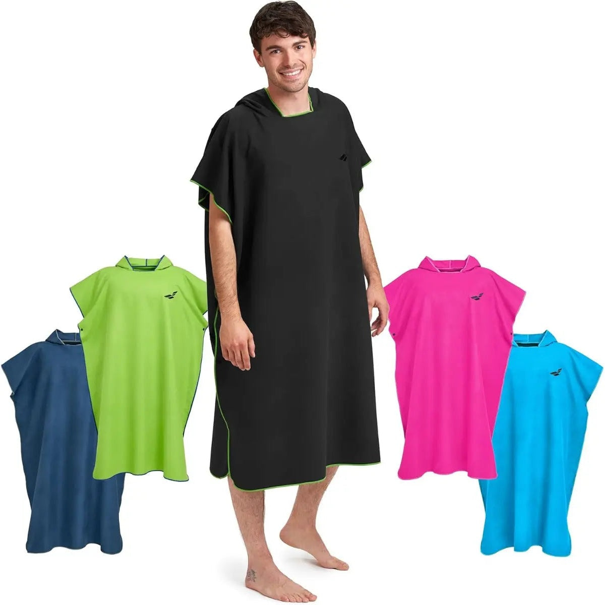 Badeponcho Mikrofaser Unisex schnelltrocknend mit Kapuze L Schwarz-Grün von guteszeug.ch