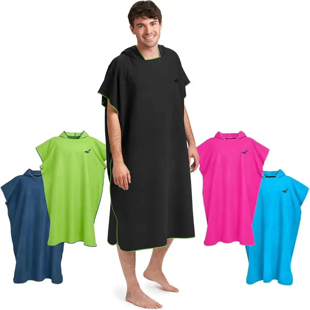 Badeponcho Mikrofaser Unisex schnelltrocknend mit Kapuze L Schwarz-Grün von guteszeug.ch