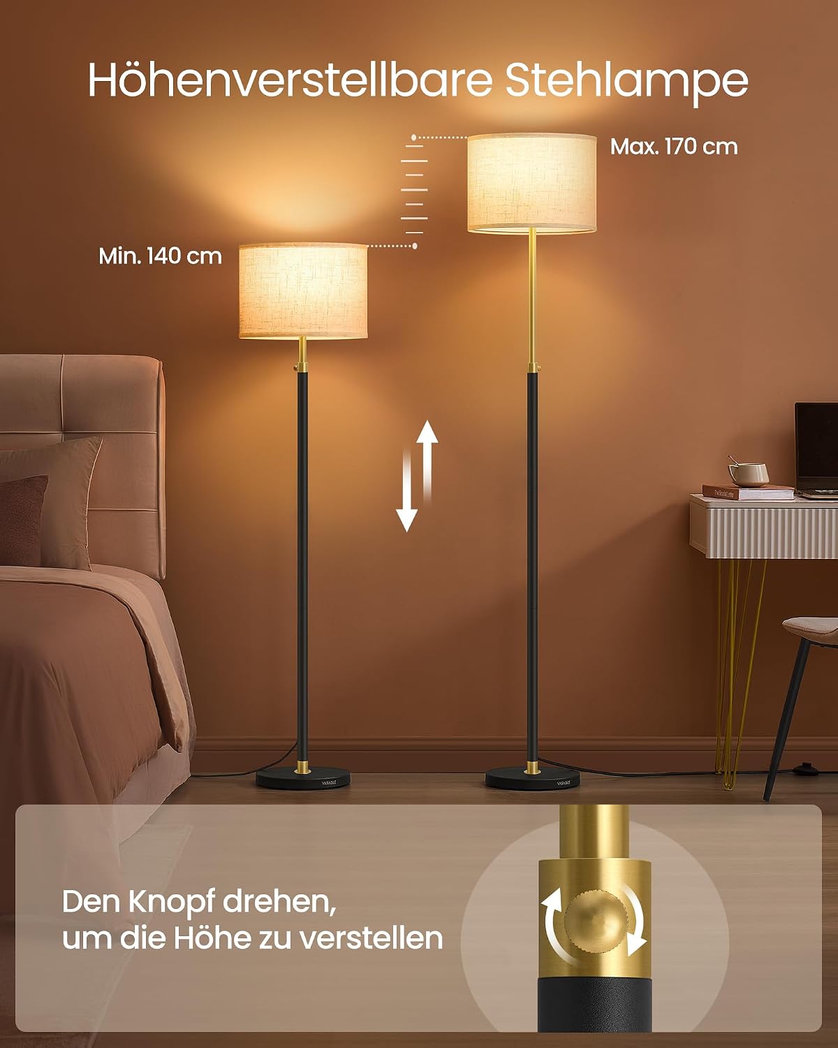 LED-Stehlampe höhenverstellbar 140-171 cm Schwarz E27 von Songmics