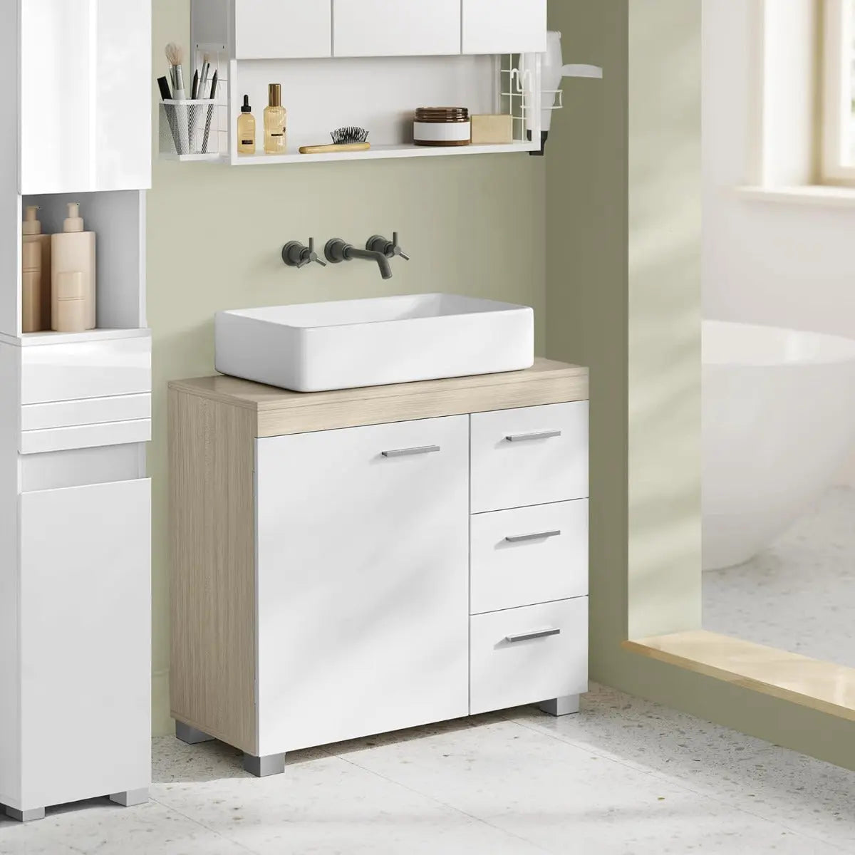 Waschbeckenunterschrank mit Schubladen wolkenweiss-naturbeige von Songmics
